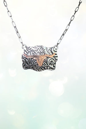 WESTERN TWO TONE STEERHEAD ETCHED PLATE PENDANT CHAIN NECKLACE
