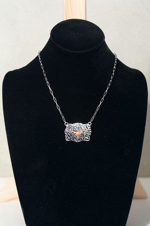 WESTERN TWO TONE STEERHEAD ETCHED PLATE PENDANT CHAIN NECKLACE