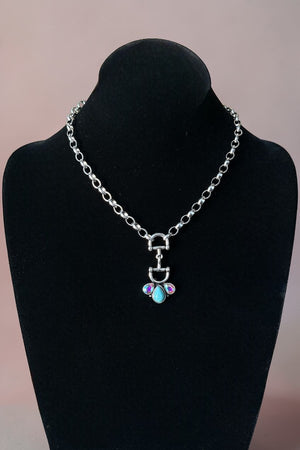 WESTERN SNAFFLE BIT TQ GEMSTONE PENDANT CHAIN NECKLACE