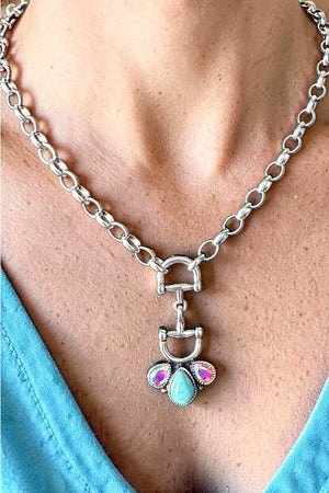 WESTERN SNAFFLE BIT TQ GEMSTONE PENDANT CHAIN NECKLACE