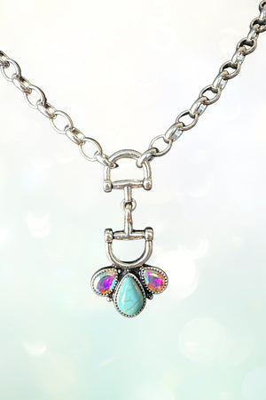 WESTERN SNAFFLE BIT TQ GEMSTONE PENDANT CHAIN NECKLACE