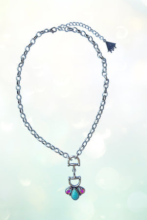 WESTERN SNAFFLE BIT TQ GEMSTONE PENDANT CHAIN NECKLACE