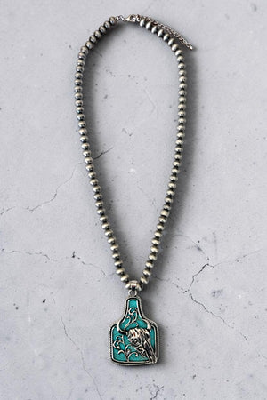 WESTERN TURQUOISE CATTLE TAG FLOWER ETCHED PENDANT BEADED NECKLACE