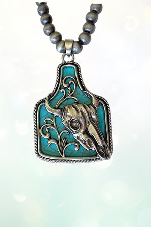 WESTERN TURQUOISE CATTLE TAG FLOWER ETCHED PENDANT BEADED NECKLACE