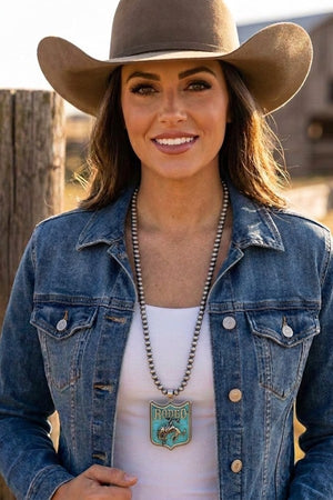 WESTERN TURQUOISE INLAY RODEO PENDANT BEADED NECKLACE