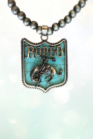WESTERN TURQUOISE INLAY RODEO PENDANT BEADED NECKLACE