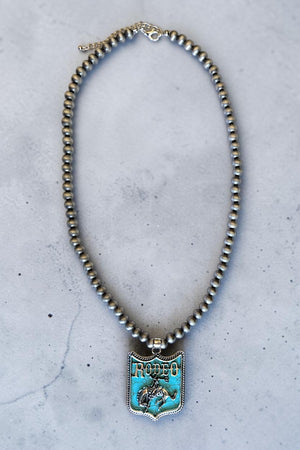 WESTERN TURQUOISE INLAY RODEO PENDANT BEADED NECKLACE