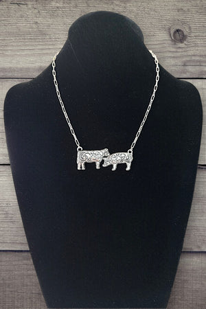 WESTERN ETCHED COW AND PIG PENDANT NECKLACE