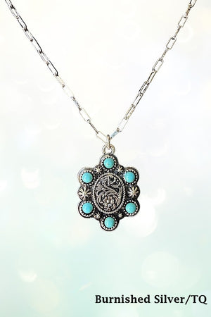 WESTERN TQ GEM ACCENT OVAL PENDANT CHAIN NECKLACE