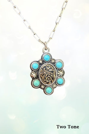 WESTERN TQ GEM ACCENT OVAL PENDANT CHAIN NECKLACE