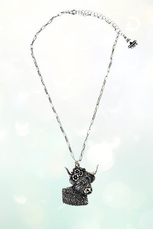WESTERN ETCHED FLOWER COW PENDANT NECKLACE