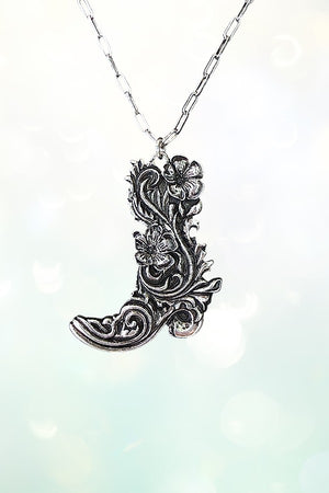 WESTERN ENGRAVED FLORAL COWBOY BOOTS PENDANT NECKLACE