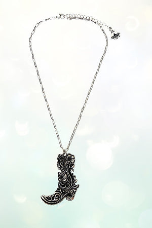 WESTERN ENGRAVED FLORAL COWBOY BOOTS PENDANT NECKLACE