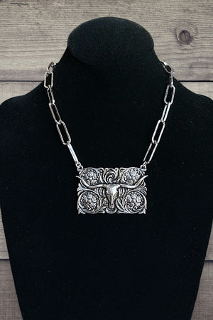 WESTERN ENGRAVED STEERHEAD PLATE PENDANT CHAIN NECKLACE