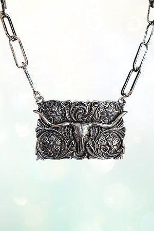 WESTERN ENGRAVED STEERHEAD PLATE PENDANT CHAIN NECKLACE