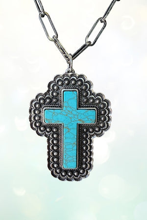 WESTERN LARGE TQ CROSS PENDANT CHAIN NECKLACE