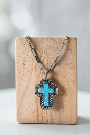 WESTERN LARGE TQ CROSS PENDANT CHAIN NECKLACE