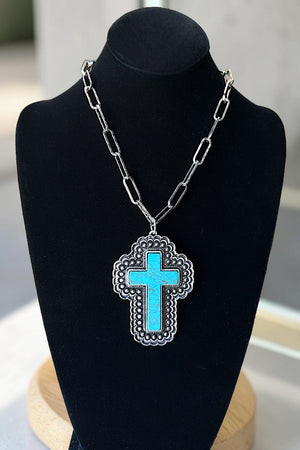 WESTERN LARGE TQ CROSS PENDANT CHAIN NECKLACE