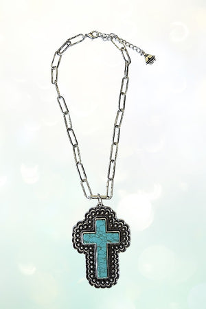 WESTERN LARGE TQ CROSS PENDANT CHAIN NECKLACE