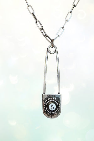WESTERN 8 BALL SAFETY PIN PENDANT CHAIN NECKLACE