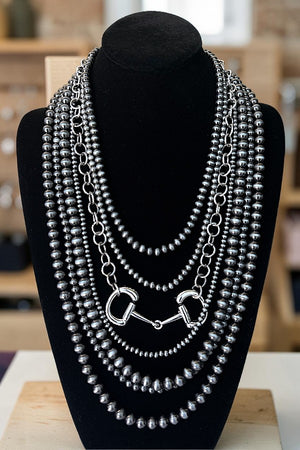 WESTERN SNAFFLE BIT ACCENT 6 LAYERED NAVAJO PEARL STATEMENT NECKLACE