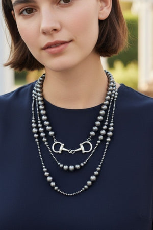 SNAFFLE BIT ACCENT NAVAJO PEARL 3 LAYERED STATEMENT NECKLACE