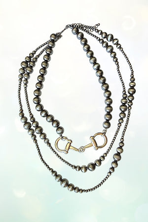 SNAFFLE BIT ACCENT NAVAJO PEARL 3 LAYERED STATEMENT NECKLACE
