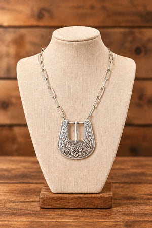 FLORAL ETCHED LARGE BUCKLE PENDANT CHAIN NECKLACE