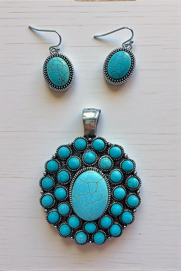 WESTERN TQ GEM CONCHO PENDANT EARRING SET