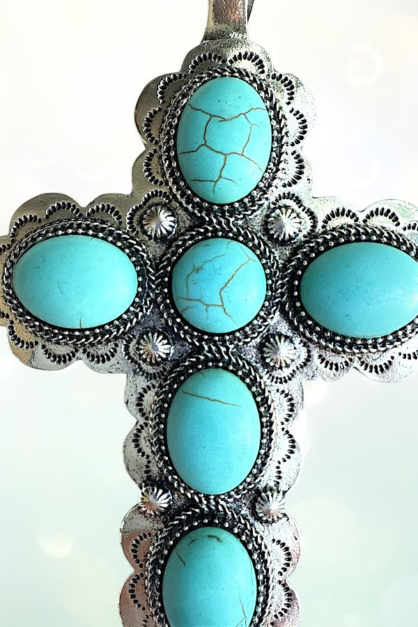 WESTERN TQ GEM CROSS PENDANT EARRING SET