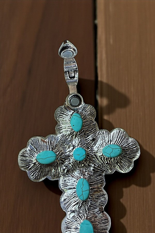 WESTERN TQ GEM CROSS PENDANT EARRING SET