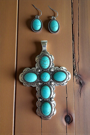 WESTERN TQ GEM CROSS PENDANT EARRING SET
