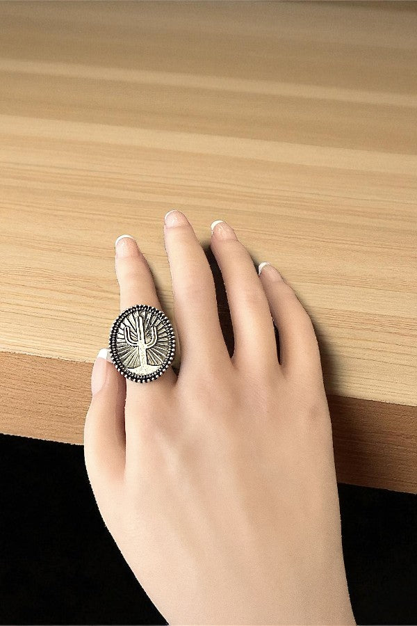 WESTERN CACTUS ETCHED OVAL CUFF RING