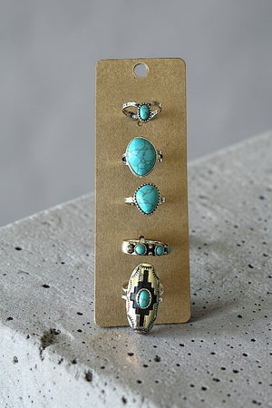 WESTERN THEME TURQUOISE GEM CUFF RING SET