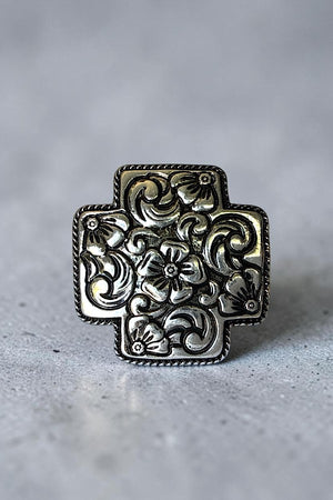 WESTERN FLORAL ENGRAVED CROSS STATEMENT RING