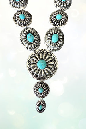 WESTERN TQ GEMSTONE CONCHO LINK NECKLACE EARRING SET