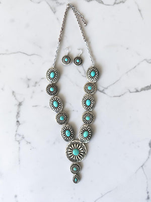 WESTERN TQ GEMSTONE CONCHO LINK NECKLACE EARRING SET