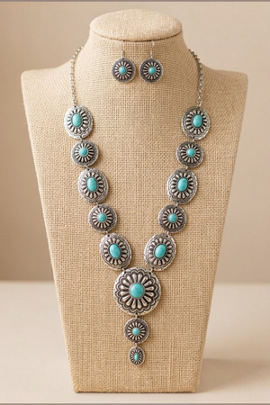 WESTERN TQ GEMSTONE CONCHO LINK NECKLACE EARRING SET