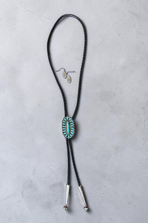 WESTERN TURQUOISE GEM CONCHO BOLO NECKLACE EARRING SET