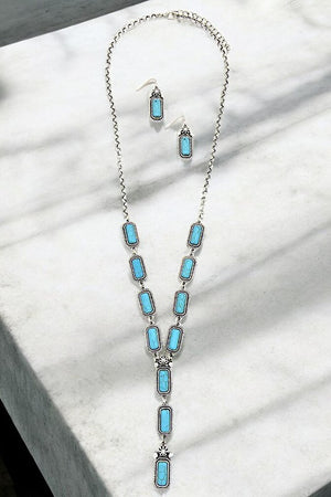 Rectangular Gem Link Long Necklace Set