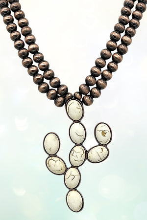 GEMSTONE CACTUS PENDANT DOUBLE STRAND BALL BEAD NECKLACE AND MATCHING EARRING SET