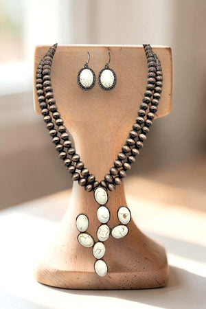 GEMSTONE CACTUS PENDANT DOUBLE STRAND BALL BEAD NECKLACE AND MATCHING EARRING SET