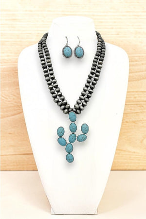 GEMSTONE CACTUS PENDANT DOUBLE STRAND BALL BEAD NECKLACE AND MATCHING EARRING SET