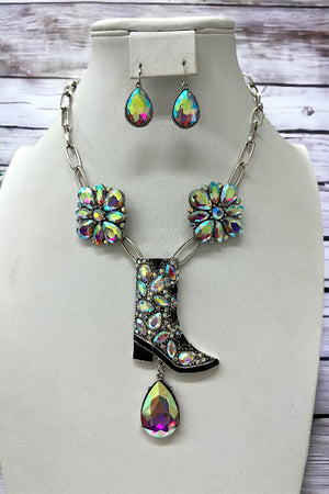 Gemstone Pave Cowboy Boot Pendant Necklace Set