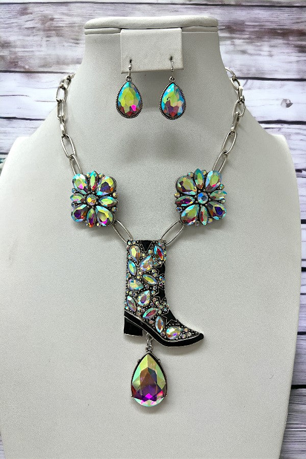 Gemstone Pave Cowboy Boot Pendant Necklace Set