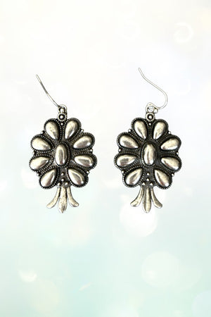 WESTERN BURNISHED SILVER SQUASH BLOSSOM STATEMENT NECKLACE EARRING SET