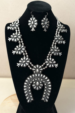 WESTERN BURNISHED SILVER SQUASH BLOSSOM STATEMENT NECKLACE EARRING SET