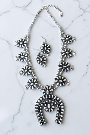 WESTERN BURNISHED SILVER SQUASH BLOSSOM STATEMENT NECKLACE EARRING SET