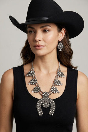WESTERN BURNISHED SILVER SQUASH BLOSSOM STATEMENT NECKLACE EARRING SET