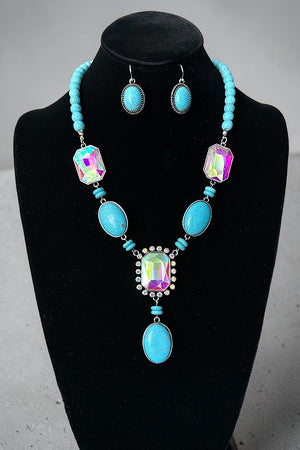 WESTERN TURQUOISE AB GEMSTONE STATEMENT NECKLACE EARRING SET